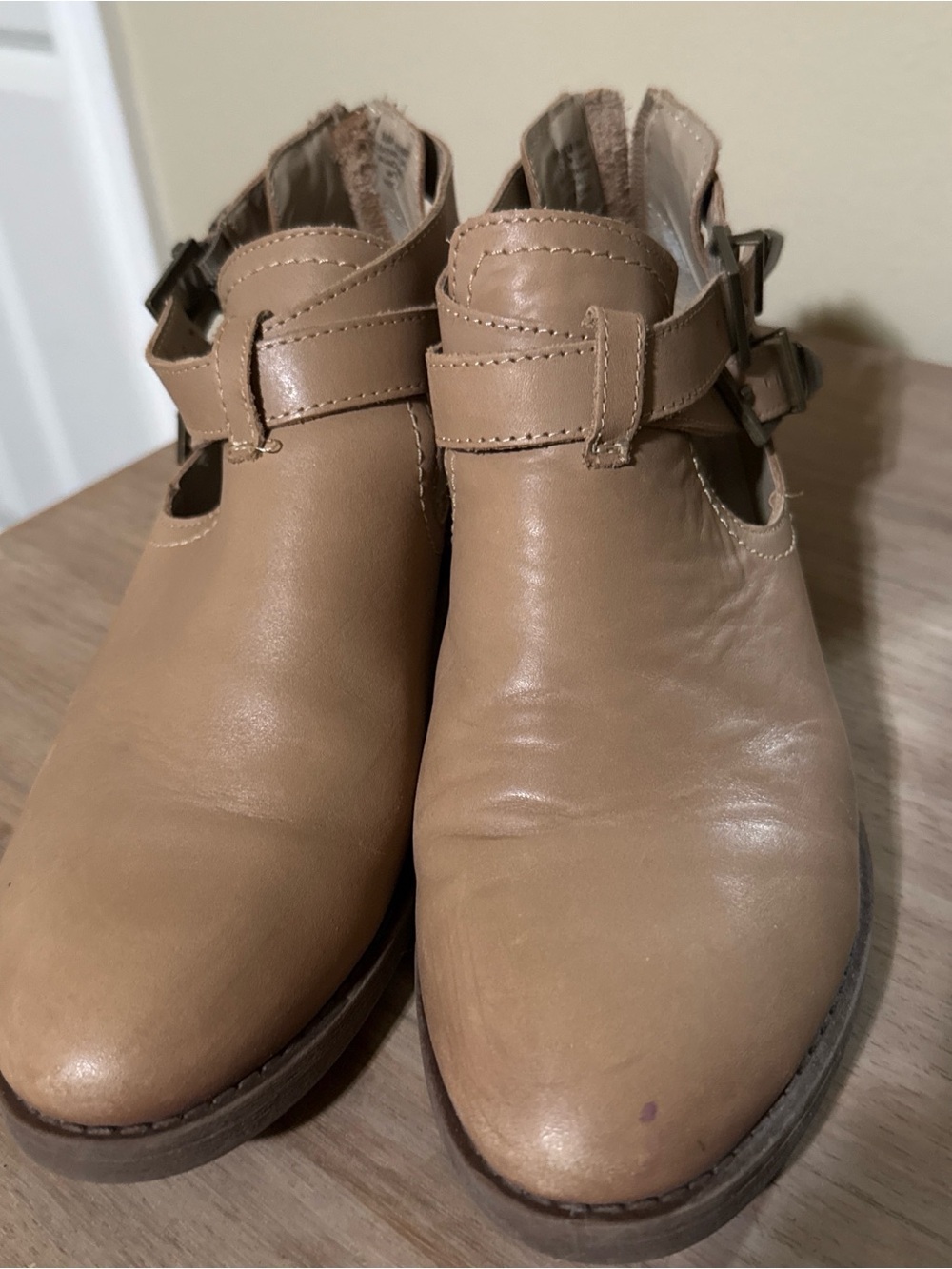 Nicole Tan Leather Cutout Ankle Booties with Buckle Straps